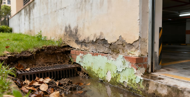 小区绿化带积水渗透到地下车库墙面？--贵阳防水公司